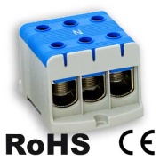 Tapping Terminal Block Al/Cu UK95/3N, 1P (6holes) 16-95mm² 220/245A, 3pcs/pck, TS35 ˄panel mount, blue