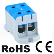 Tapping Terminal Block Al/Cu UK95/2N, 1P (4holes) 16-95mm² 220/245A, 3pcs/pck, TS35 ˄panel mount, blue